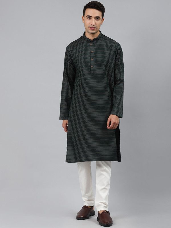 Men Striped Cotton Rayon Straight Kurta  (Green)