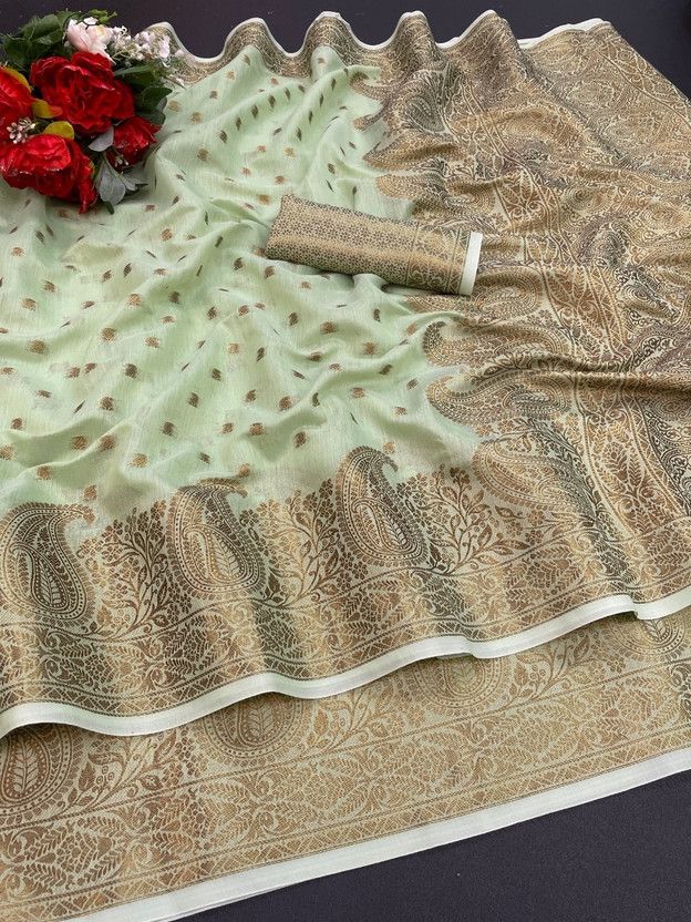 Checkered, Printed, Self Design, Digital Print, Embellished, Floral Print Bollywood Jacquard Saree  (Green)