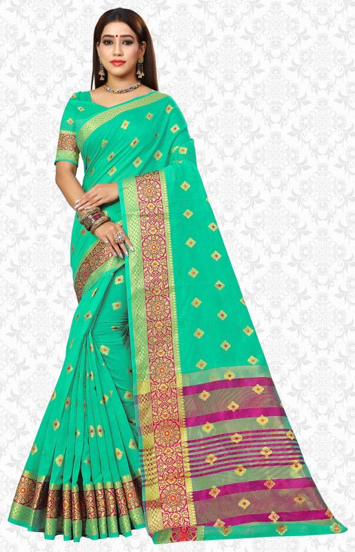 Woven Kanjivaram Cotton Silk Saree  (Light Green)