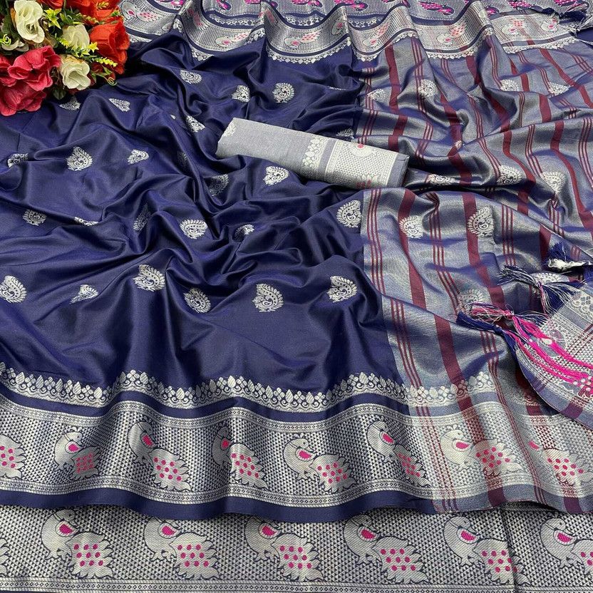 Woven Paithani Jacquard Saree  (Blue)