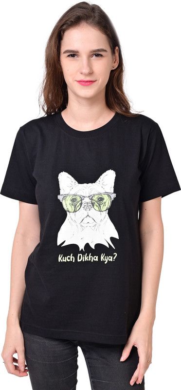 Kuch Dikha Kya Round Neck Women Printed Round Neck Pure Cotton Black T-Shirt
