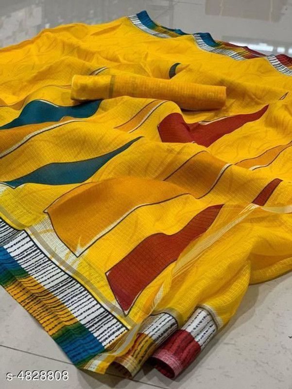 Printed Fashion Linen Saree  (Yellow)