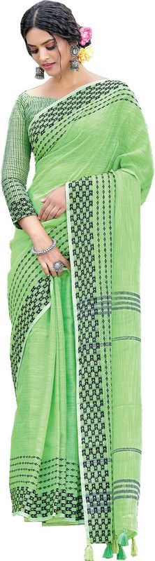 Woven Bollywood Linen Saree  (Light Green)