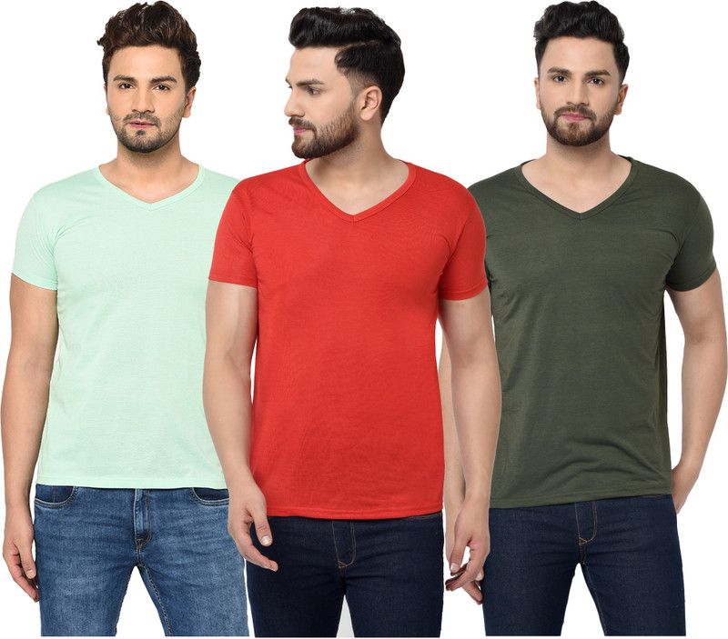 Pack of 3 V neck Combo T-shirts Multicolor Men Solid V Neck Cotton Blend Dark Green, Red, Light Green T-Shirt