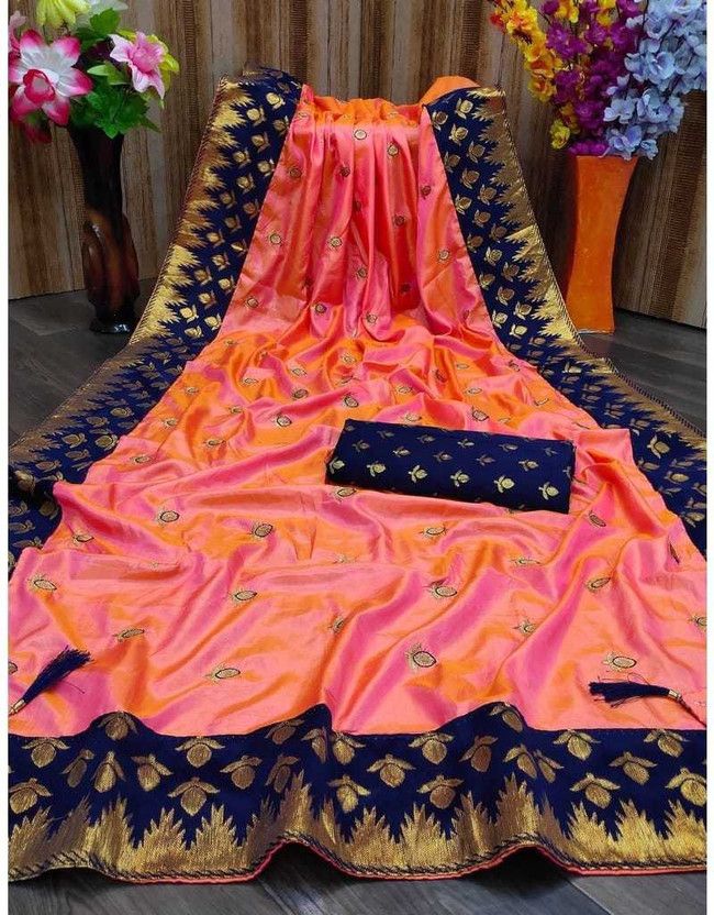 Embroidered Bollywood Silk Blend Saree  (Dark Blue, Orange)