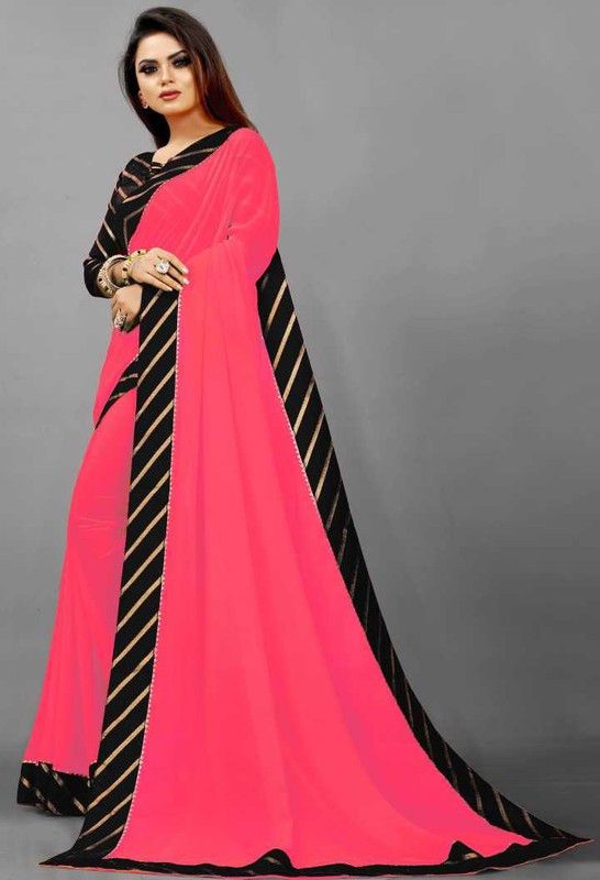 Bollywood Chiffon Saree  (Pink, Black)