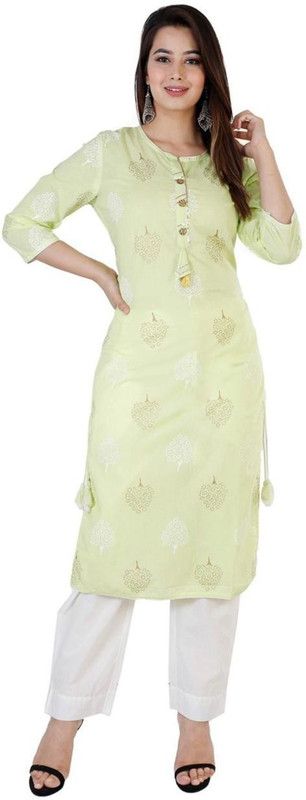 Printed Cotton Rayon Stitched Straight Gown  (Green)