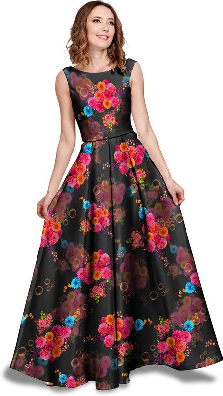 Satin Stitched Anarkali Gown  (Black)