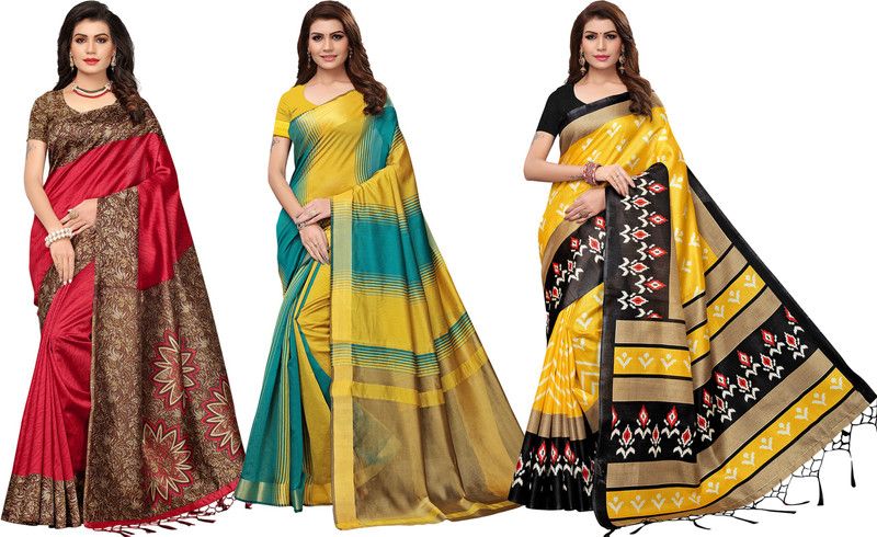 Printed, Color Block Mysore Silk Blend Saree  (Pack of 3, Red, Yellow)