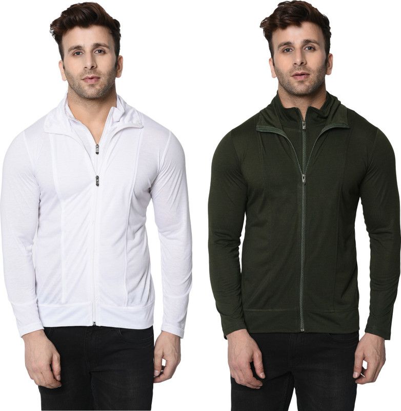 Pack of 2 Turtle Neck T-Shirt Combo Pack Men Solid Turtle Neck Cotton Blend Dark Green, White T-Shirt
