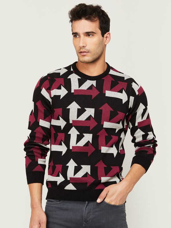 Men Geometric Print Round Neck Multicolor Sweater
