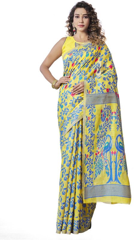 Printed Bollywood Cotton Silk Saree  (Blue, Yellow)