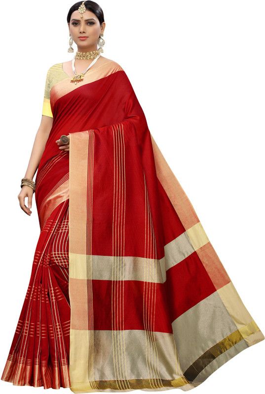 Fashion Cotton Silk Saree  (Red, Beige)