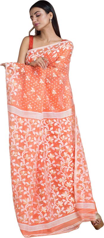 Embroidered Jamdani Cotton Silk Saree  (White, Orange)