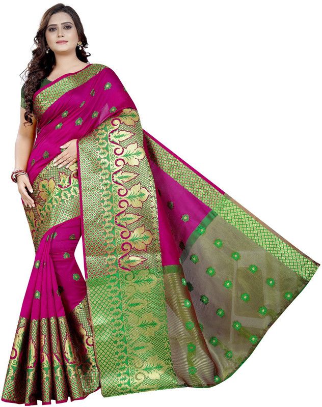 Woven Kanjivaram Jacquard Saree  (Green, Pink)