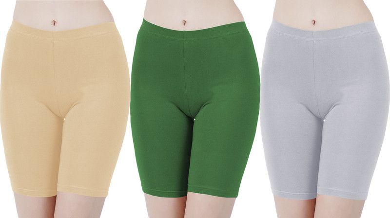 Pack of 3 Solid Women Beige, Green, Grey Cycling Shorts