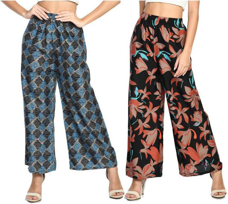 Pack of 2 Women Regular Fit Blue, Black Crepe Trousers