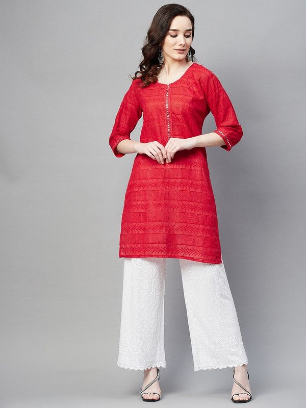 Women Chikan Embroidery Chiffon Straight Kurta  (Red)