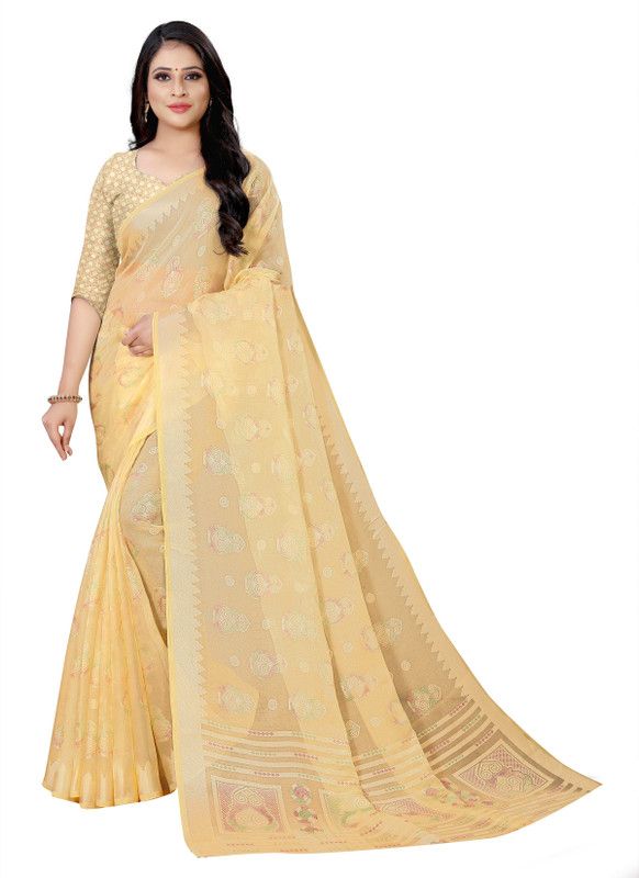 Embellished Bollywood Brasso Saree  (Yellow)