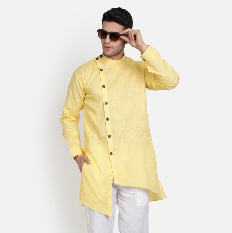 Men Solid Pure Cotton Trail Cut Kurta  (Yellow)