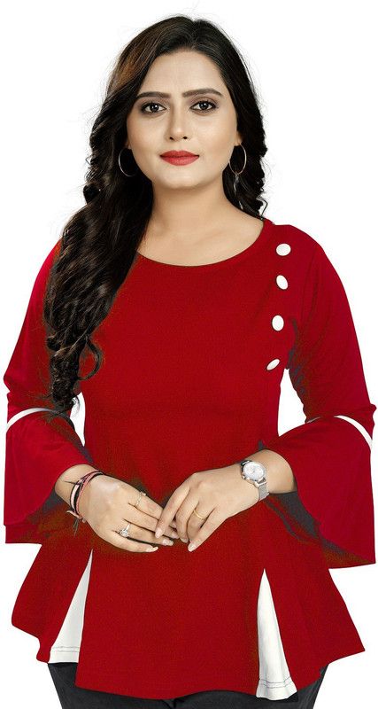 Casual Bell Sleeves Color Block Women Red Top
