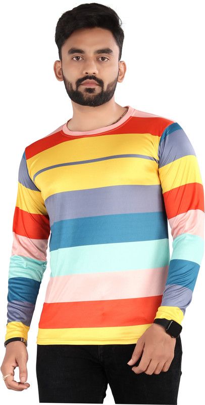 Men Striped Round Neck Elastane Multicolor T-Shirt