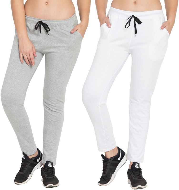 Pack of 2 Women Solid Grey, White Track Pants
