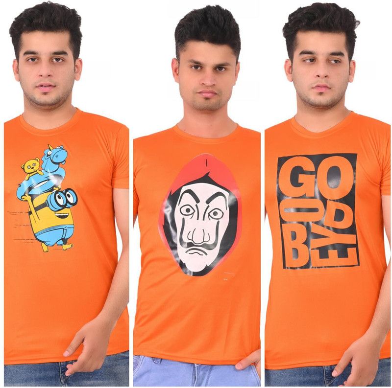 Pack of 3 Men Printed Round Neck Elastane Black, Orange T-Shirt