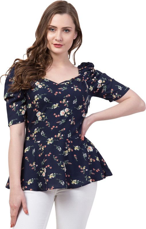 Casual Puff Sleeves Polka Print Women Dark Blue Top