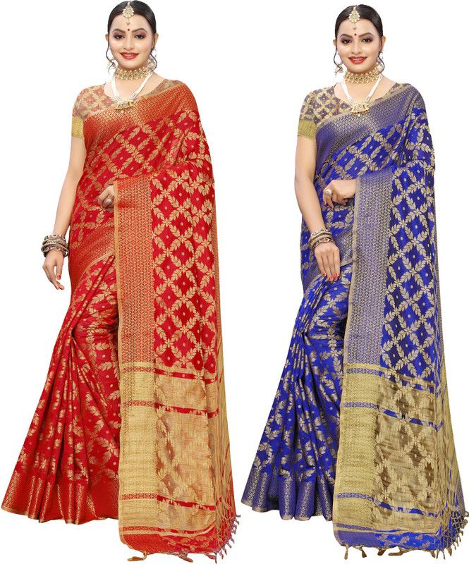Woven Kanjivaram Cotton Silk Saree  (Pack of 2, Red, Gold, Blue)