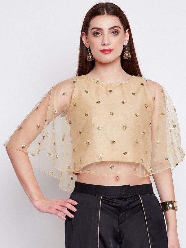 Party Cape Sleeves Embroidered Women Beige Top