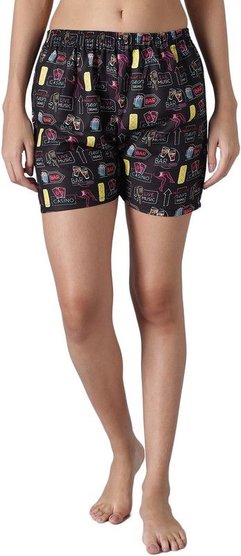 Graphic Print Women Black Night Shorts