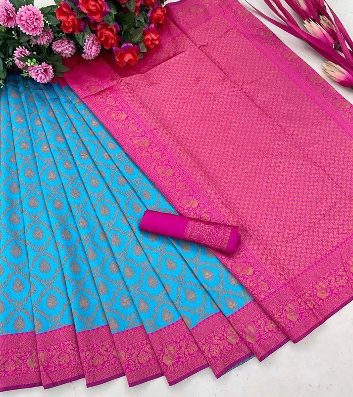 Woven, Embellished Banarasi Pure Silk Saree  (Pink, Blue)