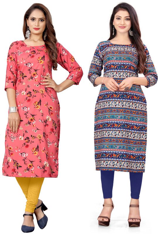 Pack of 2 Women Floral Print Crepe A-line Kurta  (Blue, Multicolor)