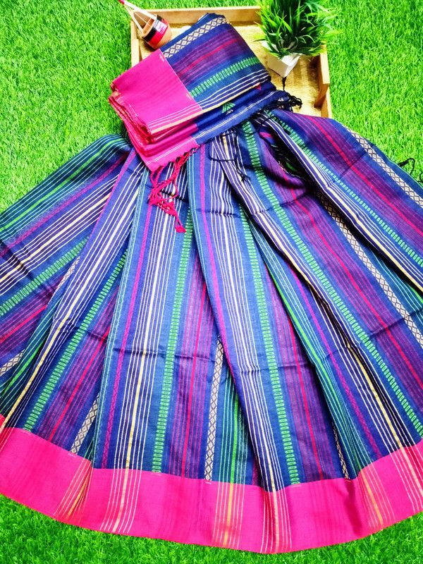 Woven Handloom Pure Cotton Saree  (Blue, Pink)