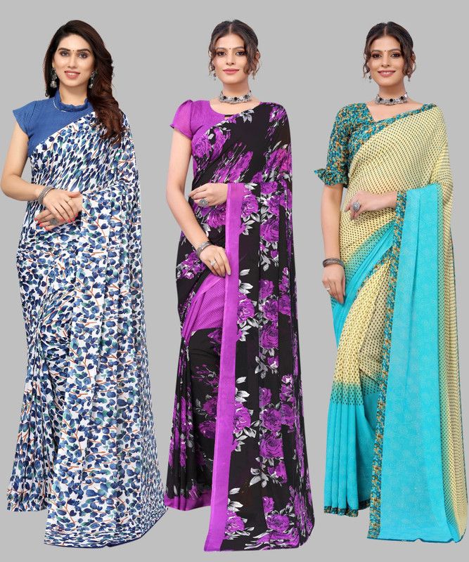 Daily Wear Georgette Saree  (Pack of 3, White, Purple, Light Green)
