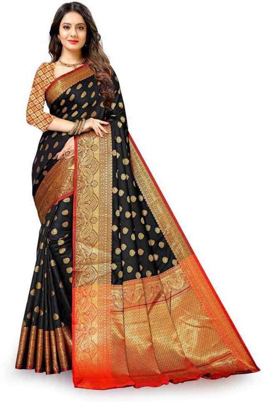 Woven Kanjivaram Jacquard Saree  (Black, Orange)