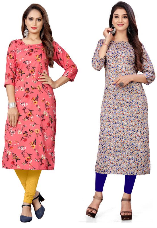 Pack of 2 Women Floral Print Crepe A-line Kurta  (Beige, Multicolor)