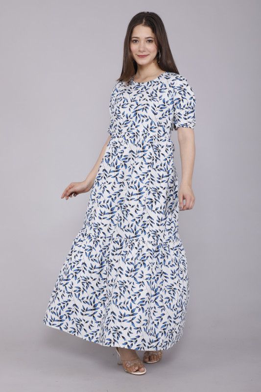 Women Printed Cotton Blend Gown Kurta  (Blue, White)