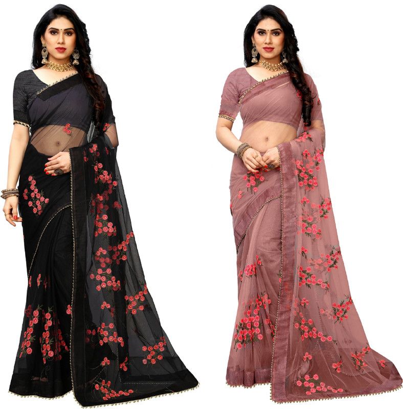Embroidered Bollywood Net Saree  (Brown, Black)
