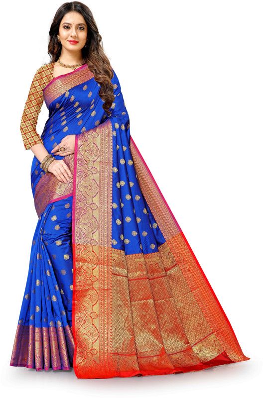 Kanjivaram Art Silk, Cotton Silk Saree  (Blue)
