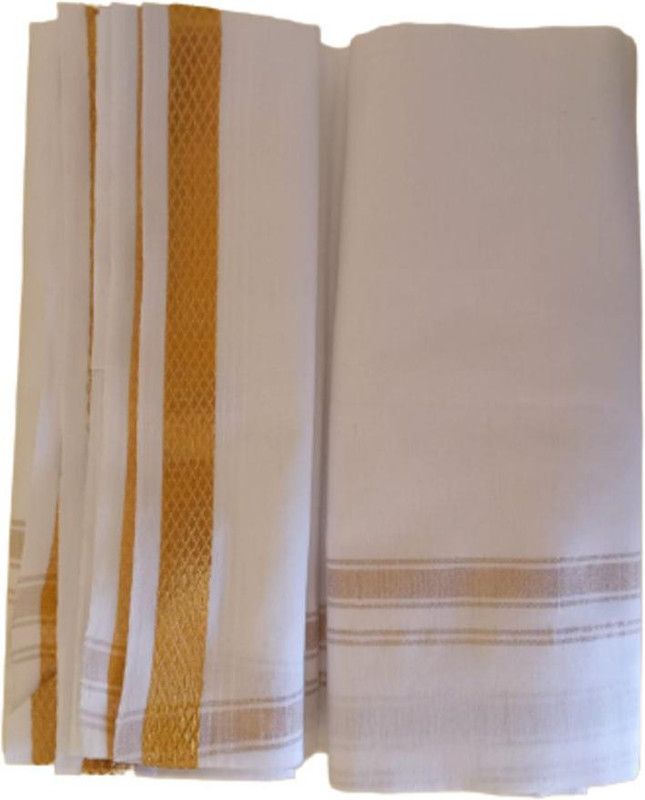 SIGNQ Mens Dhoti Cotton 2 Mtrs Fancy Border Dhothi/Vesti/Mundu white Colour Pack of 2 Men Dhoti