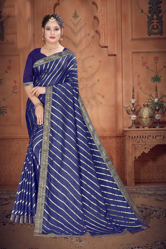 Striped Bhagalpuri Art Silk Saree  (Dark Blue)
