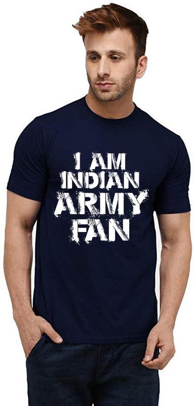 I Am Indian Army Fan Men Printed Round Neck Pure Cotton Dark Blue T-Shirt