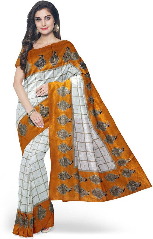Printed Daily Wear Organza Saree  (Brown, White)