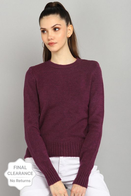 Women Woven Crew Neck Purple Sweater