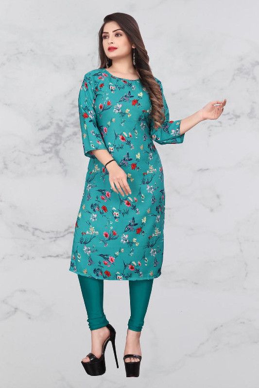 Women Printed Crepe Straight Kurta  (Light Blue)