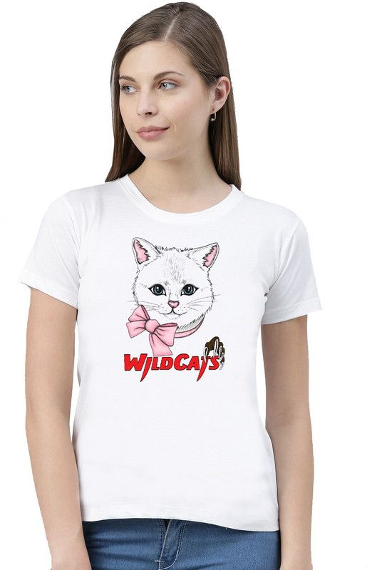 Women Printed Round Neck Polyester White T-Shirt