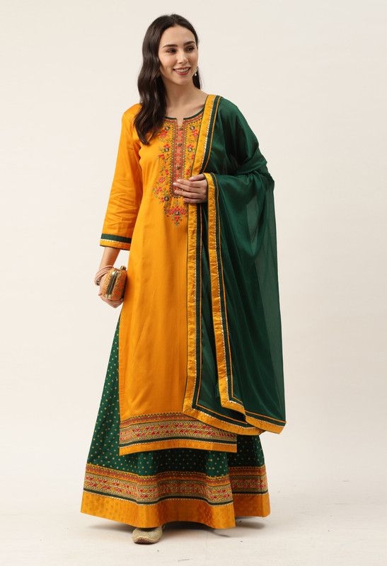 Women Kurta and Skirt Set Cotton Silk
