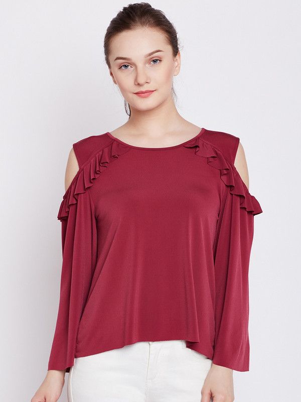 Party Cold Shoulder Sleeves Solid Women Maroon Top